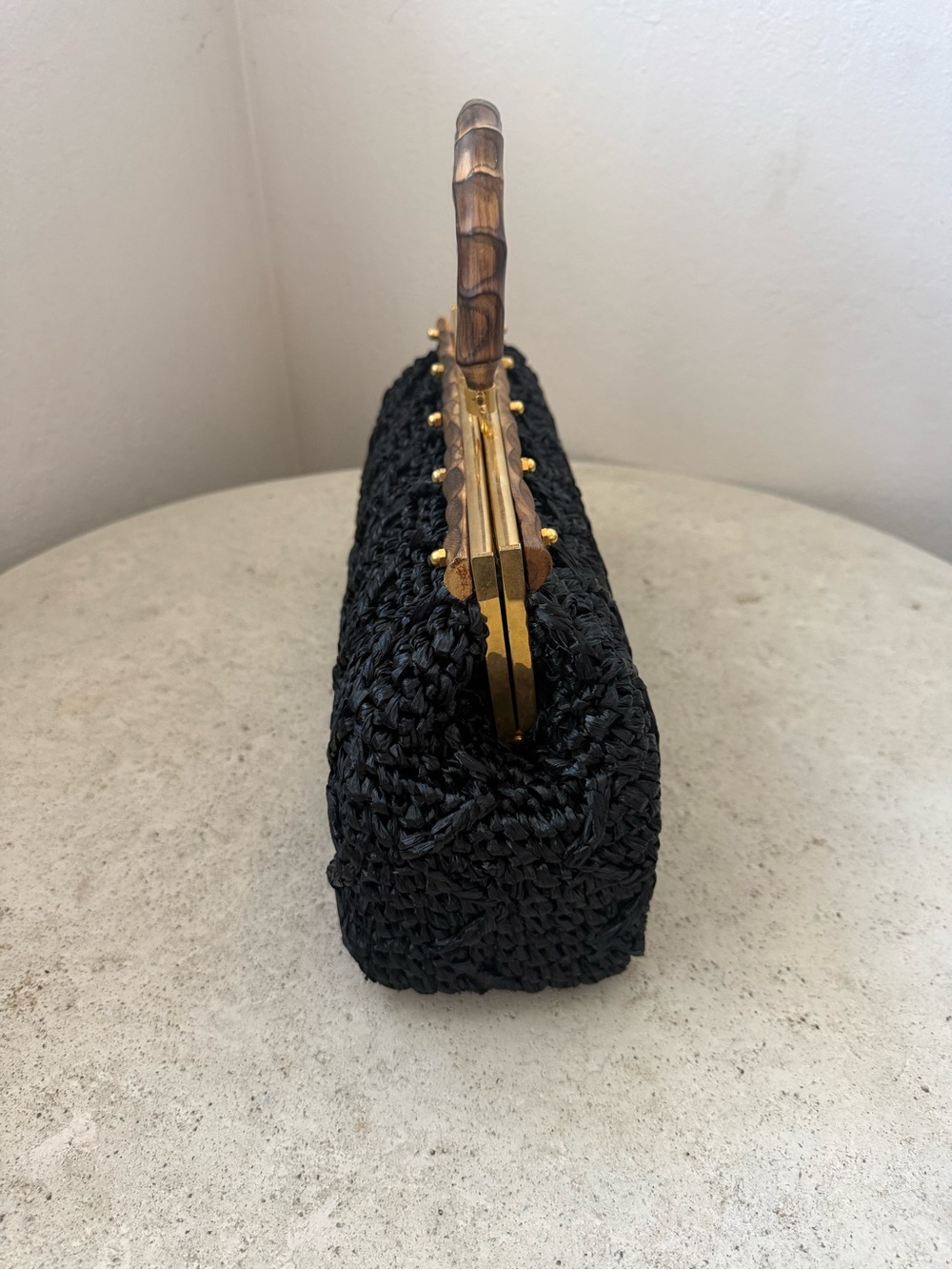 Black Woven Frame-Top Clutch with Wood Handle and Gold Trim - Picture 2 of 3
